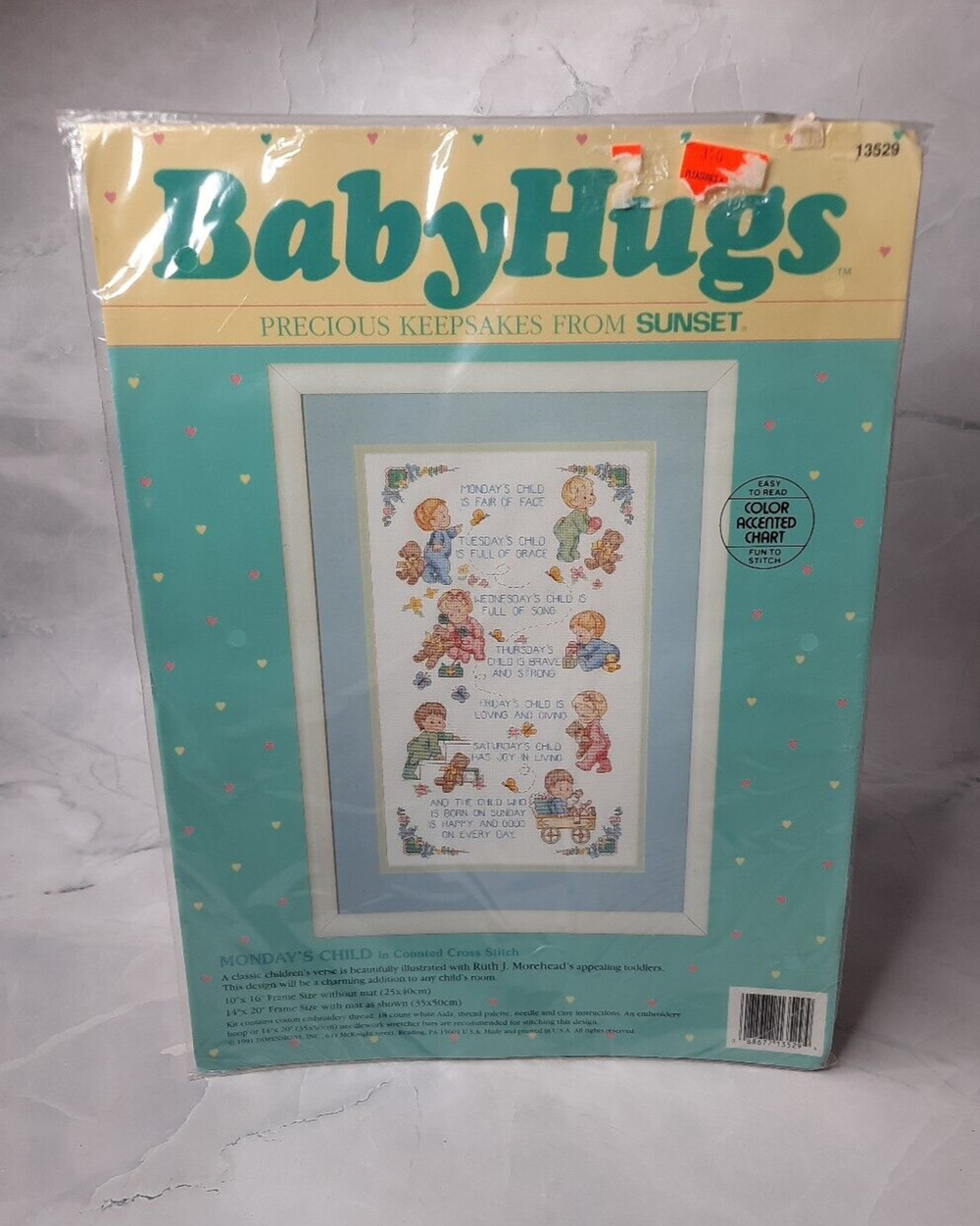 1991 Dimensions Sunset Baby Hugs Counted Cross Stitch Kit Monday's Child